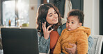 Phone call, laptop or mother with baby for remote work, multitasking or deadline negotiation for project. Tech, support and happy woman with son for schedule discussion, home and love for childcare