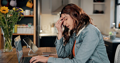 Buy stock photo Headache, laptop and woman in home, tired and remote work for deadline, copywriting and fatigue. Exhausted, journalist and person in lounge, migraine and pc for online article and blue light exposure