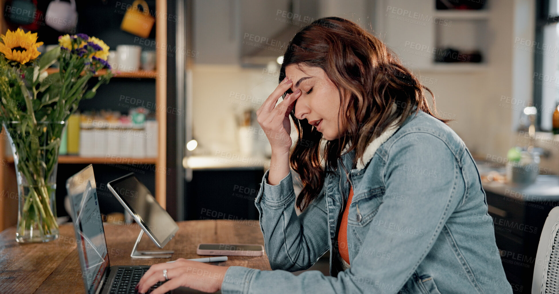 Buy stock photo Headache, laptop and woman in home, tired and remote work for deadline, copywriting and fatigue. Exhausted, journalist and person in lounge, migraine and pc for online article and blue light exposure