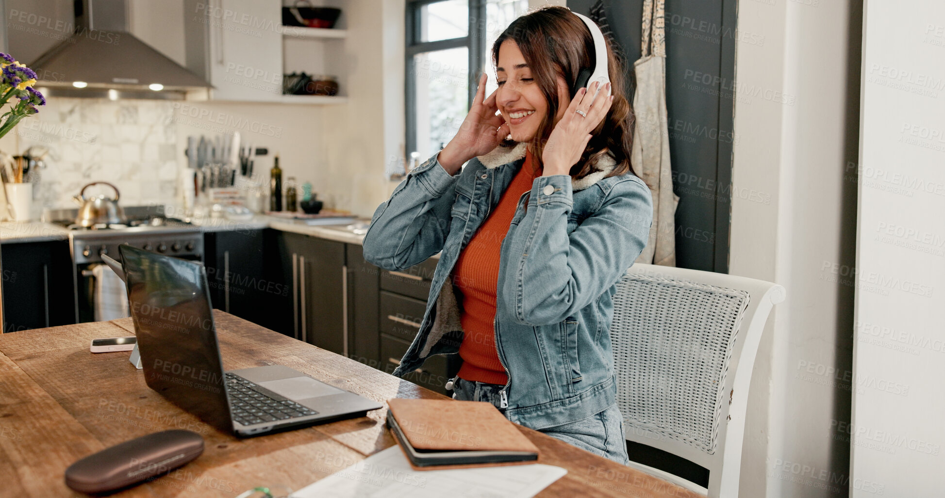Buy stock photo Woman, home and listening to music for remote work, creative and streaming with headphones on break. Happy, freelancer and person with laptop for digital project, online and audio with tech in house