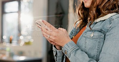 Buy stock photo Hands, cellphone and woman in lounge, typing and digital app for social media, texting and internet. Subscription, mobile user or person in home, smartphone and connection for website info or email