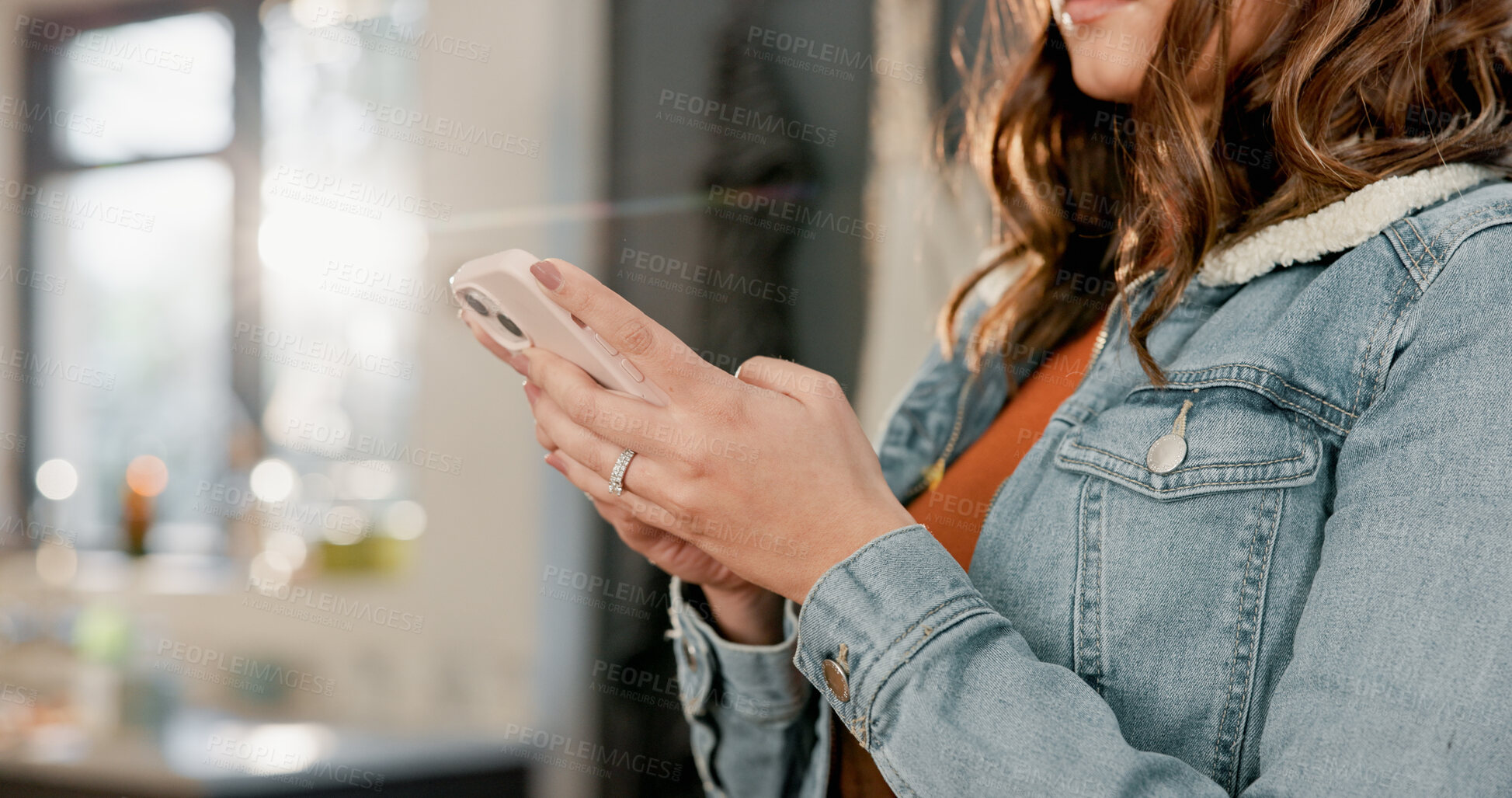 Buy stock photo Hands, cellphone and woman in lounge, typing and digital app for social media, texting and internet. Subscription, mobile user or person in home, smartphone and connection for website info or email