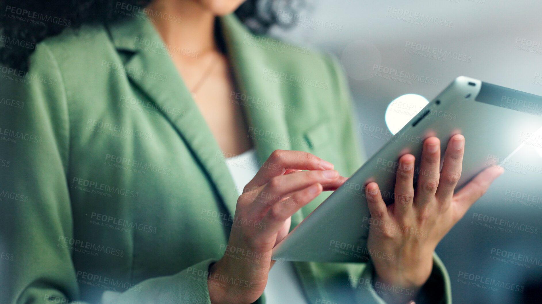 Buy stock photo Hands, tablet and business person in office, talent acquisition platform and application screening. Internet, review resume or hr manager with vacancy listing on job site, offer letter email and tech