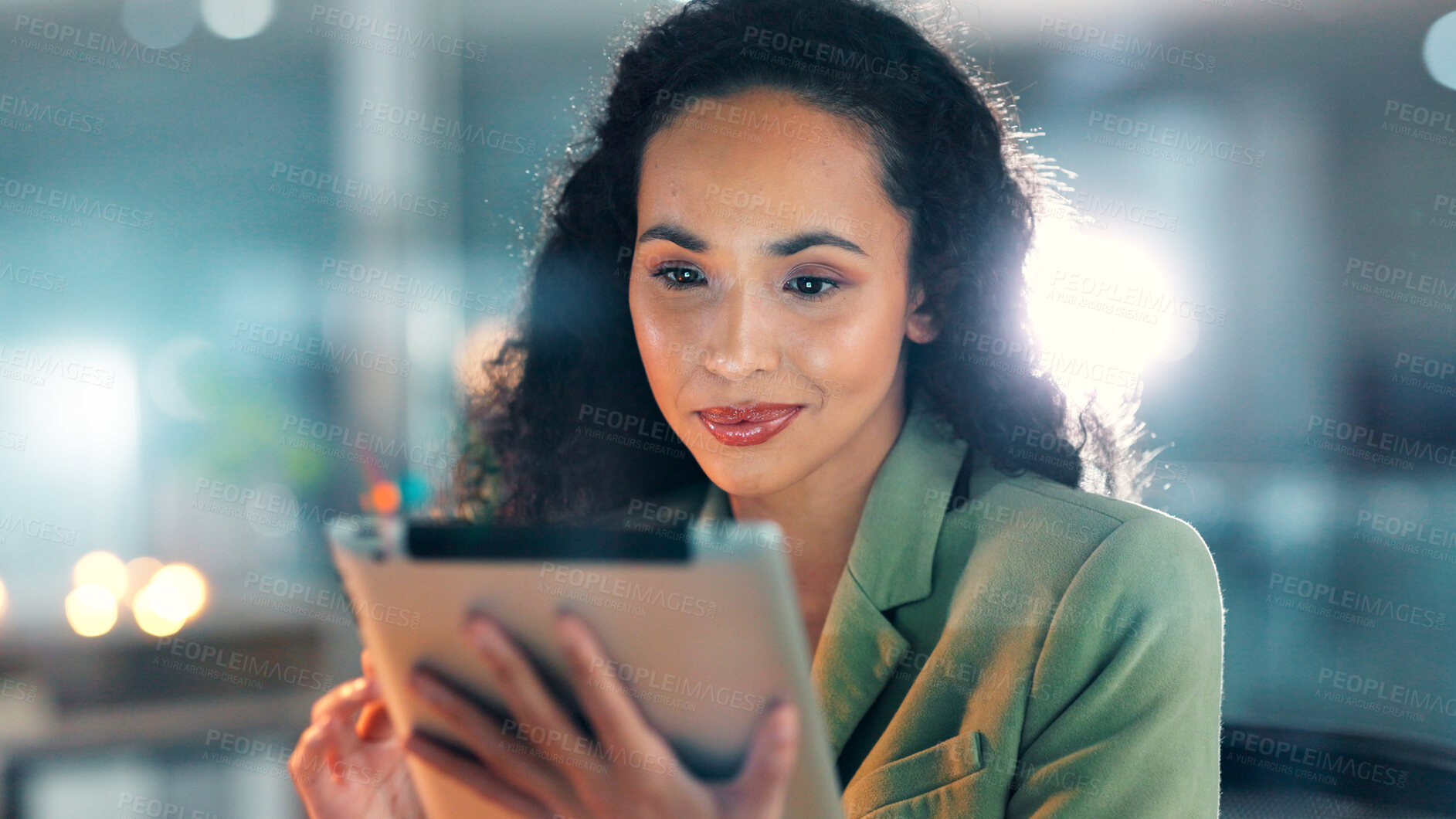 Buy stock photo Reading, tablet and business woman in office, talent acquisition platform and application screening. Smile, review resume and hr manager with vacancy listing on job site, offer letter email and tech