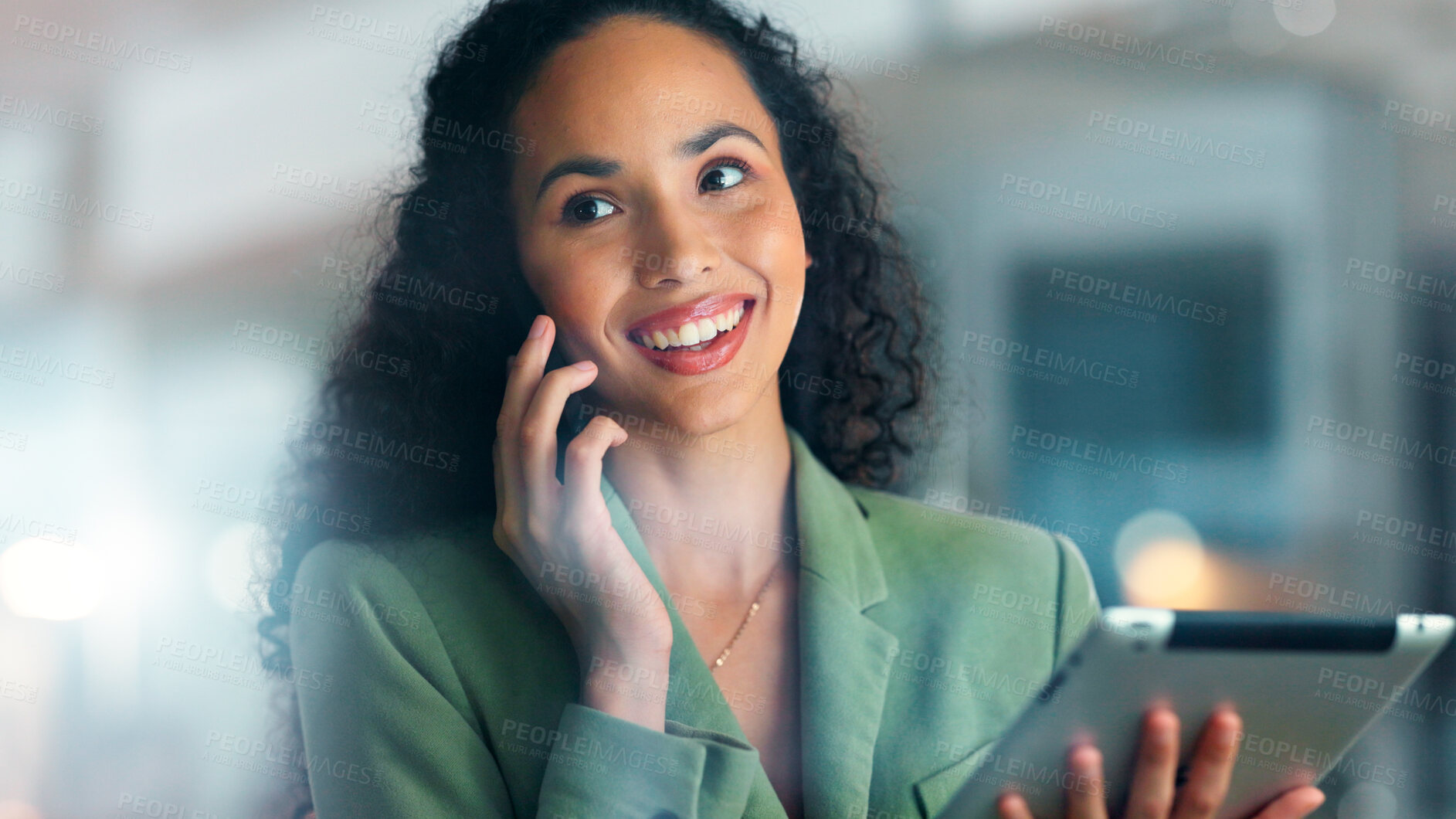 Buy stock photo Phone call, business and woman in office, tablet and digital app for communication. Person, employee and professional in workplace, smile and tech for online consultation, internet and connection