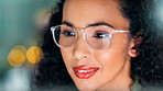 Happy woman, programmer or coding with glasses in office for software development or update. Female person, coder or app developer with smile for research, insight or ideas on bokeh in workplace