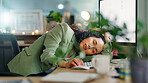 Sleeping, business and woman in office, tired and overtime with burnout, low energy and rest. Person, employee and professional in workplace, exhausted and fatigue with break, relax and lazy with nap