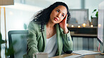 Business, reading and woman in office, computer for email notification and thinking. Person, problem solving and employee in workplace, stress and online search for website info, internet or solution
