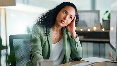 Buy stock photo Business, reading and woman in office, computer for email notification and thinking. Person, problem solving and employee in workplace, choice and online search for website info, internet or solution