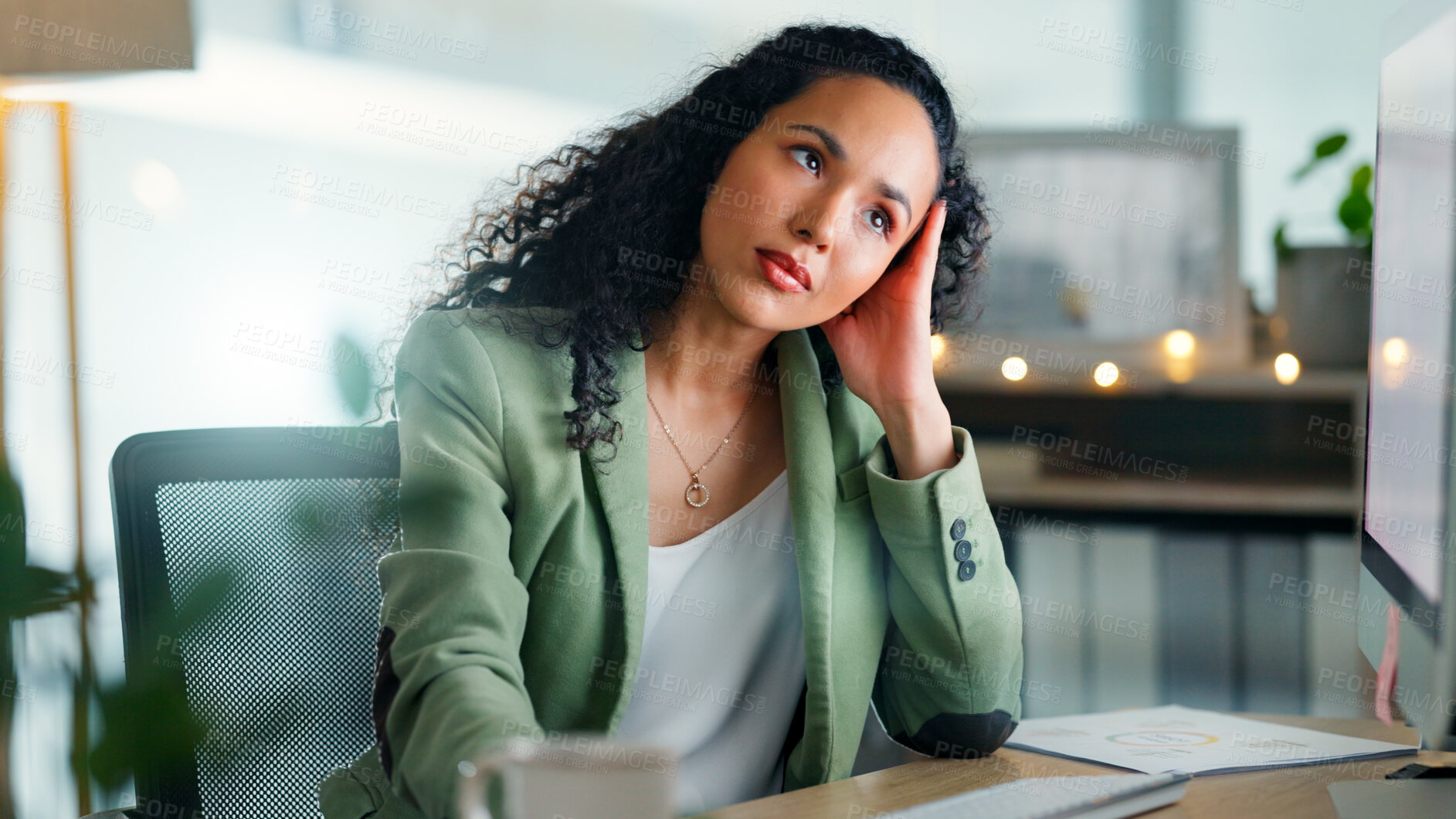 Buy stock photo Business, reading and woman in office, computer for email notification and thinking. Person, problem solving and employee in workplace, choice and online search for website info, internet or solution