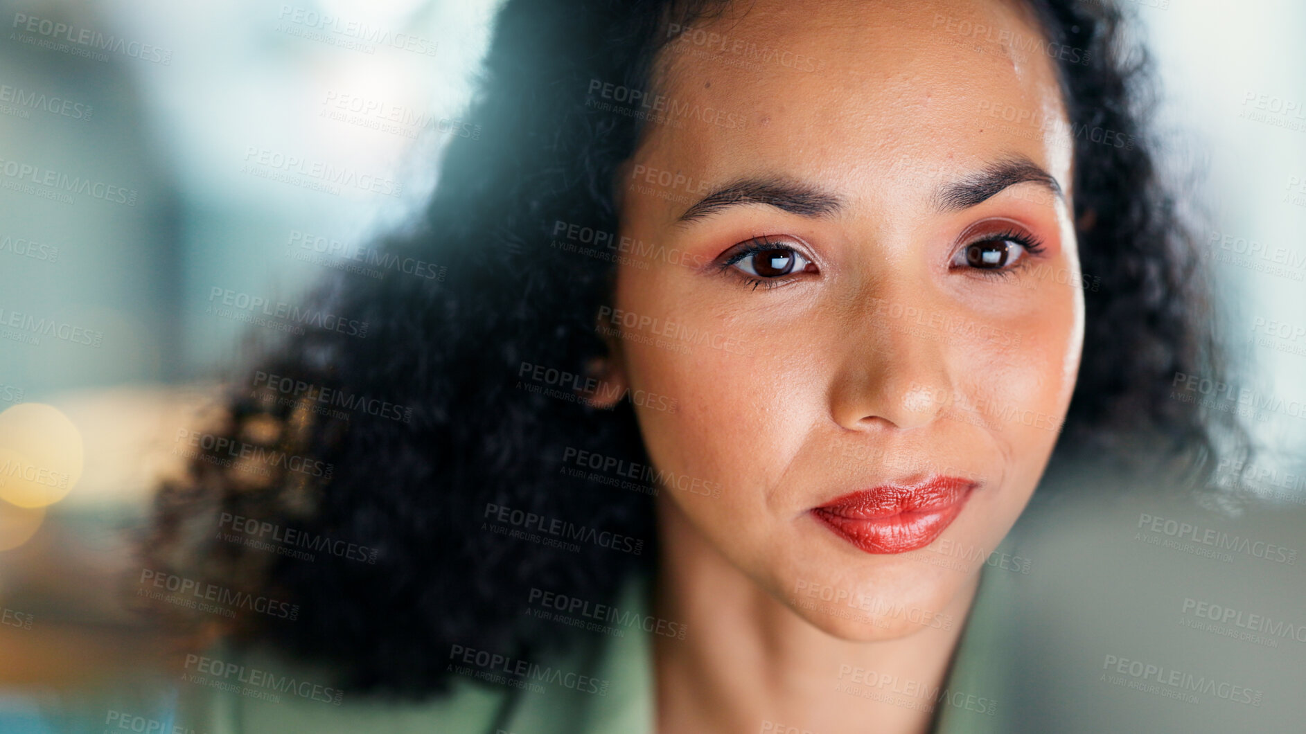 Buy stock photo Reading, online and businesswoman with computer in office, public relations and research on website. Publicist, reflection and person with smile for media campaign, planning and creative with tech