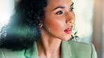 Thinking, business and reading with woman in office with vision, planning and ideas for real estate. Thoughts, female person and client feedback with reflection, realtor mindset and property auction