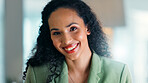 Realtor, face or woman in office with smile, career pride or ambition as property seller. Happiness, flare or real estate agent in workplace with portrait, confidence or experience in housing market.