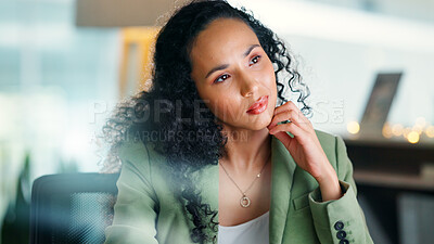 Buy stock photo Thinking, business and woman with ideas in office with vision, planning and solution for real estate. Thoughts, female person and consultant with reflection, realtor daydreaming and property auction