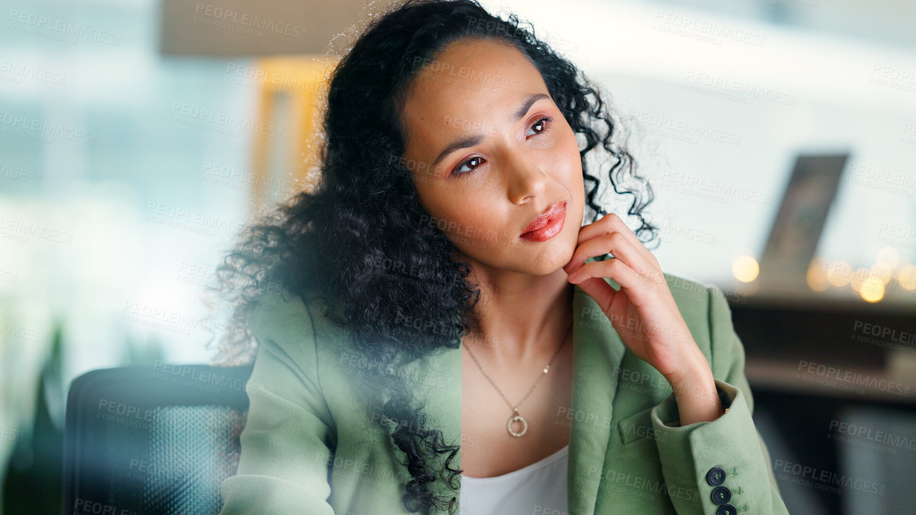 Buy stock photo Thinking, business and woman with ideas in office with vision, planning and solution for real estate. Thoughts, female person and consultant with reflection, realtor daydreaming and property auction