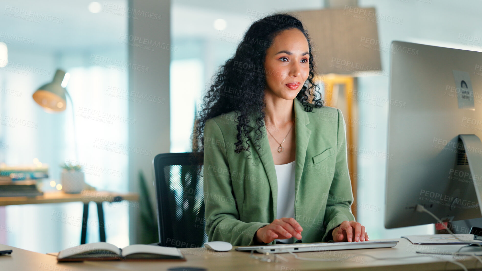 Buy stock photo Typing, research and businesswoman with computer in office, public relations and reading on website. Publicist, online and person with smile for media campaign, creative and planning for project