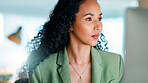 Serious, online and businesswoman with computer in office, public relations and reading info on web. Publicist, reflection and person with tech for media campaign, creative and planning for project