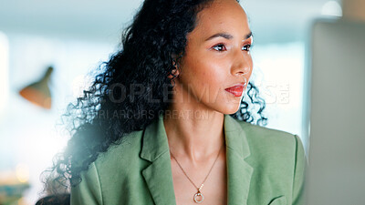 Buy stock photo Serious, online and businesswoman with computer in office, public relations and reading info on web. Publicist, reflection and person with tech for media campaign, creative and planning for project