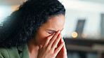 Business, woman and headache with stress in office for deadline, overworked or pressure. Frustrated, female person or employee with migraine or eye strain for fatigue, mistake or burnout in workplace