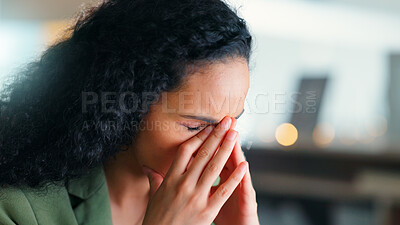 Buy stock photo Business, woman and headache with stress in office for deadline, overworked or pressure. Tired, female person or employee with migraine or eye strain for fatigue, mistake or burnout in workplace