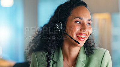 Buy stock photo Happy woman, consultant and customer service with headset in office for online consulting or advice. Female person, agent or working late with smile or mic for virtual assistance or help in workplace