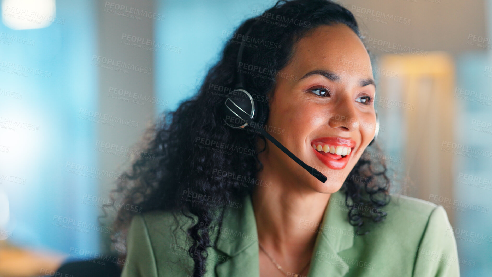 Buy stock photo Happy woman, consultant and customer service with headset in office for online consulting or advice. Female person, agent or working late with smile or mic for virtual assistance or help in workplace