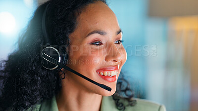 Buy stock photo Happy woman, night and business agent with headset in office for telecommunication or online advice. Female person, consultant or working late with smile or mic for virtual assistance in workplace