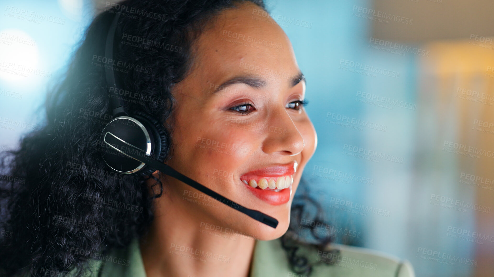 Buy stock photo Happy woman, night and business agent with headset in office for telecommunication or online advice. Female person, consultant or working late with smile or mic for virtual assistance in workplace