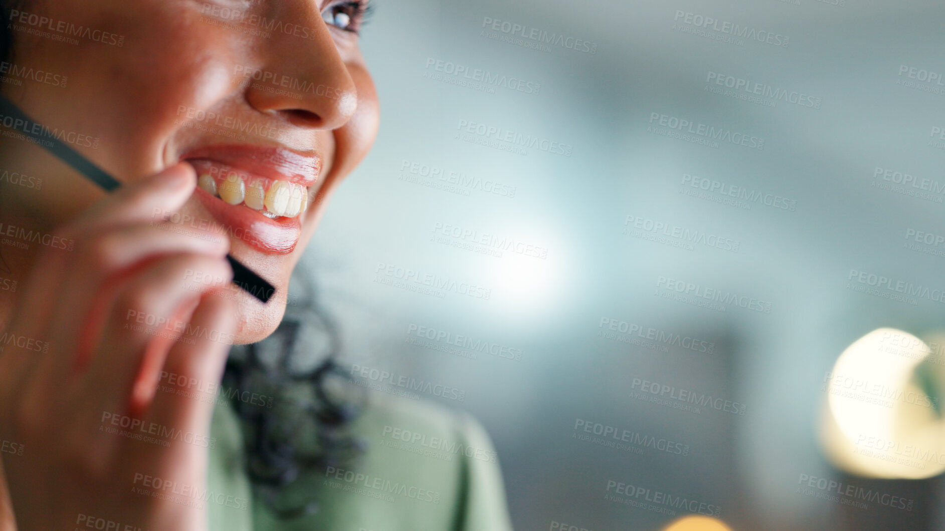 Buy stock photo Happy woman, night and customer service with mic in office for telecommunication or online advice. Female person, consultant or working late with smile for virtual assistance on space in call center