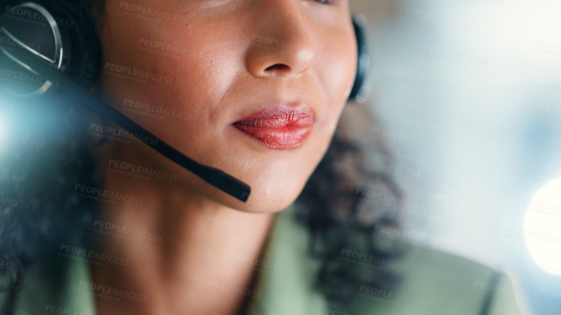 Buy stock photo Woman, mouth and customer service with mic in call center office for telecommunication or online advice. Female person, agent or lips with headset for virtual assistance, support or help in workplace