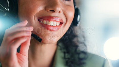 Buy stock photo Happy woman, mouth or agent with mic in office for telecommunication or online advice. Female person, consultant or hand with headset for virtual assistance, web support or help in call center agency