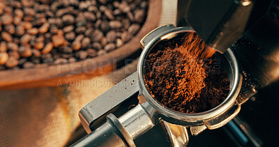 Buy stock photo Coffee, machine and portafilter in cafe with grinder, beans or latte preparation for dark roast drink. Beverage, equipment and powder in holder with ground ingredients, espresso or cappuccino process