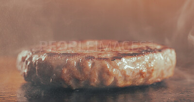 Buy stock photo Grill, burger and patty in restaurant with smoke, cuisine preparation or cooking meat for fast food. Heat, raw beef and protein in kitchen with steam, catering service and hospitality for lunch meal.