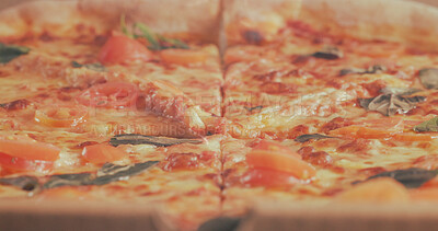 Buy stock photo Closeup, pizza and fast food with tomato, cheese and Italian cuisine prepared for hospitality service. Take away, meal and flat bread in restaurant with vegetables, delicious topping and tasty lunch.