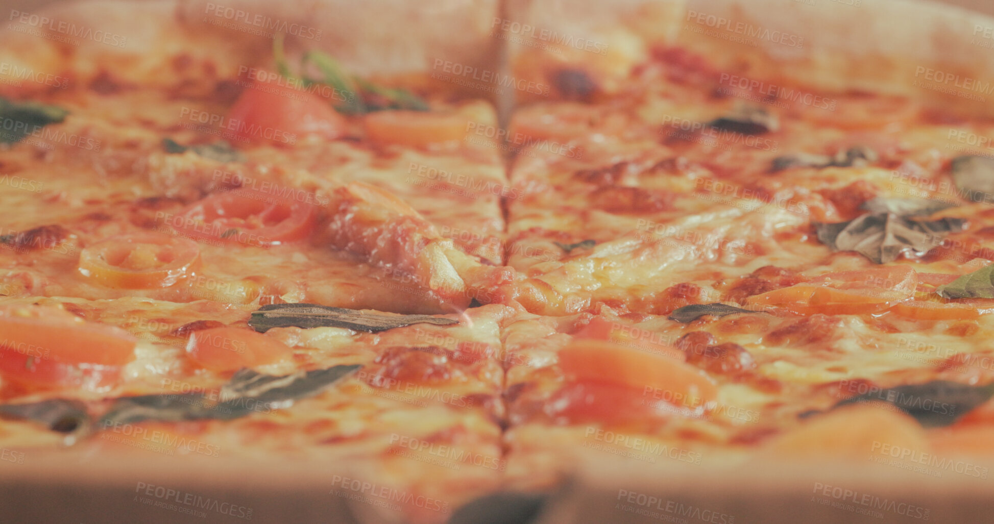 Buy stock photo Closeup, pizza and fast food with tomato, cheese and Italian cuisine prepared for hospitality service. Take away, meal and flat bread in restaurant with vegetables, delicious topping and tasty lunch.
