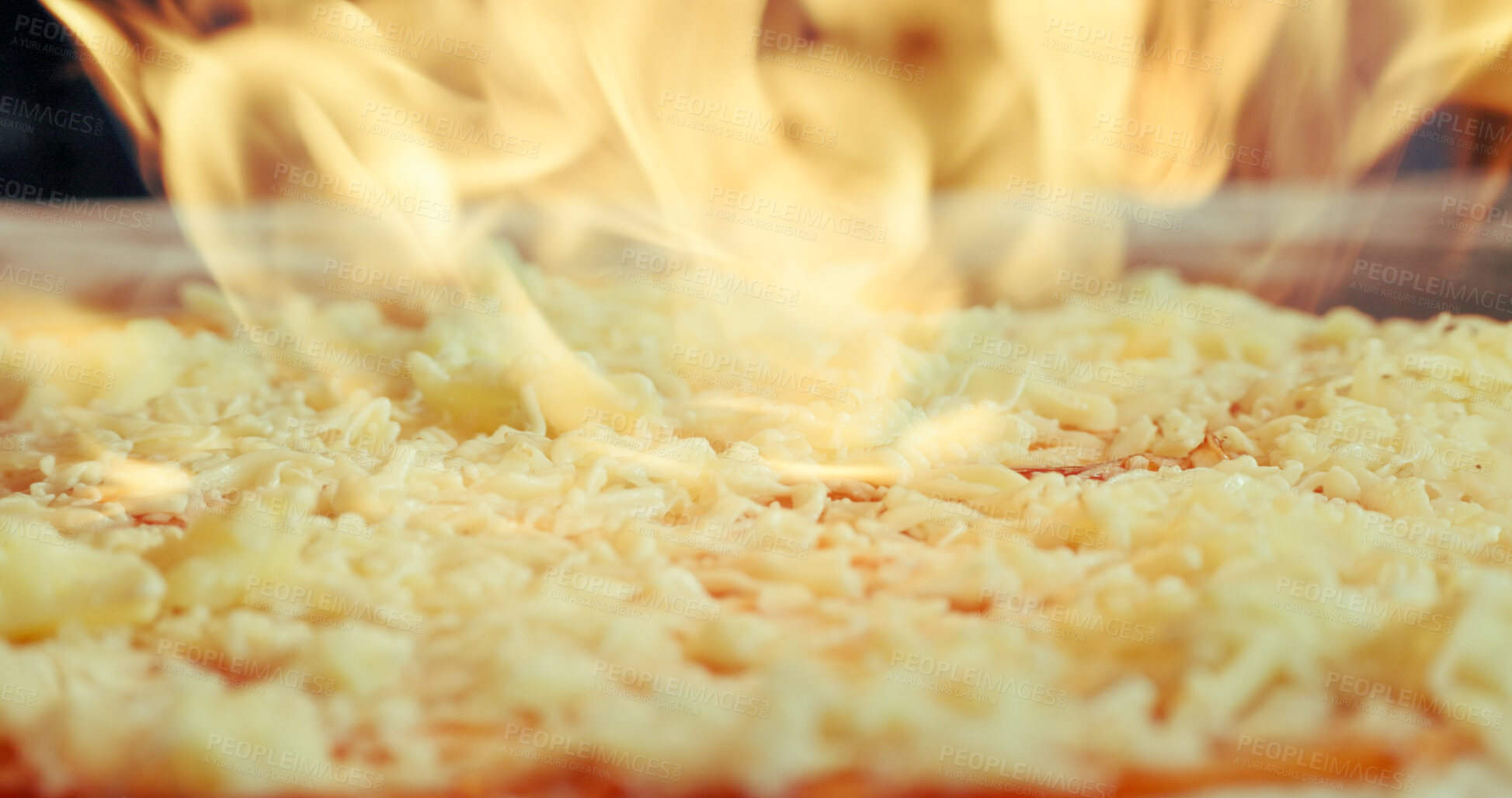 Buy stock photo Oven, pizza and baking in restaurant with fire, cheese melting and Italian cuisine for catering service. Flame, meal or flatbread cooking in diner for food preparation, takeaway lunch or hospitality.