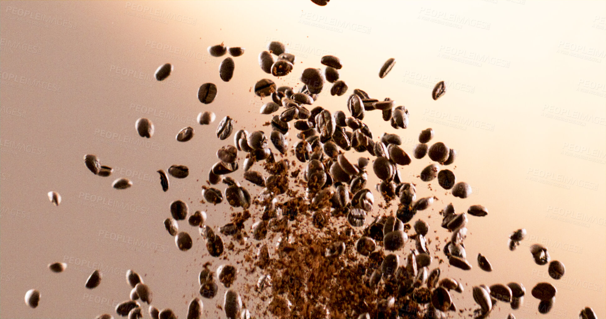 Buy stock photo Roasted, falling and coffee beans with caffeine in studio background for blending, production and aroma. Espresso, granules or grinding process for powder texture, beverage ingredient and sustainable
