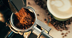 Coffee machine, ground and beans for drinks at cafe for fresh caffeine, powder or process in empty room. Press, equipment and barista tools for order at small business, beverage and interior at diner