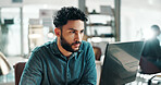 Laptop, reading and planning with business man in office for research, email marketing and journalist. Newsletter subscription, online editor and columnist with person in creative agency for  media
