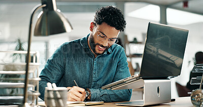 Buy stock photo Laptop, writing and research with business man in office for planning, email marketing and journalist. Newsletter subscription, online editor and columnist with person in creative agency for  media
