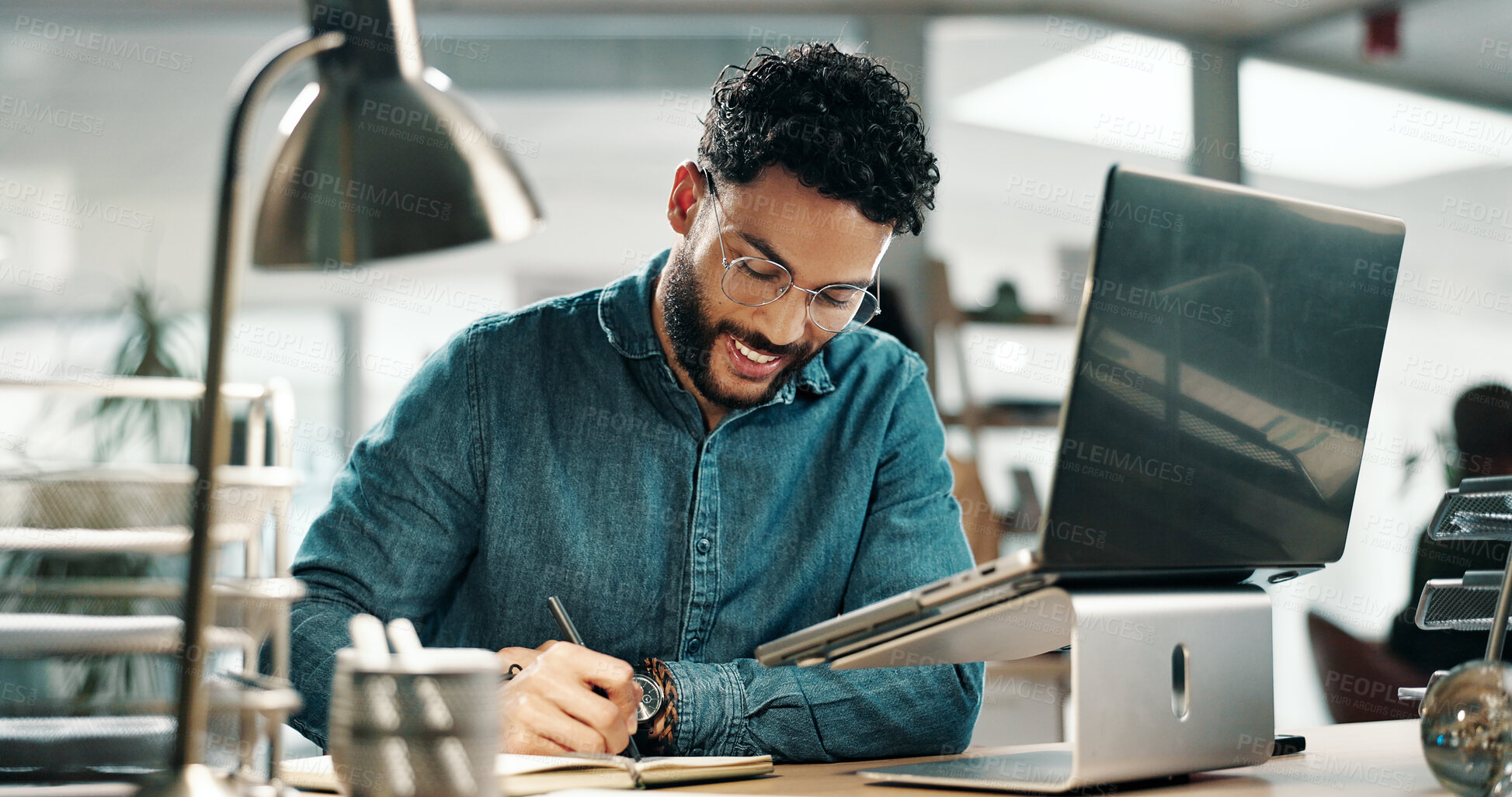 Buy stock photo Laptop, writing and research with business man in office for planning, email marketing and journalist. Newsletter subscription, online editor and columnist with person in creative agency for  media