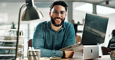 Buy stock photo Laptop, portrait and research with business man in office for planning, email marketing and journalist. Newsletter subscription, online editor and columnist with person in creative agency for  media