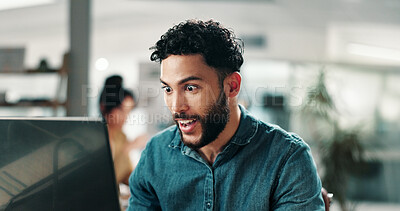 Buy stock photo Laptop, reading and surprise with business man in office for viral post, email marketing and journalist. Newsletter success, online editor and columnist shock with person in creative agency for media