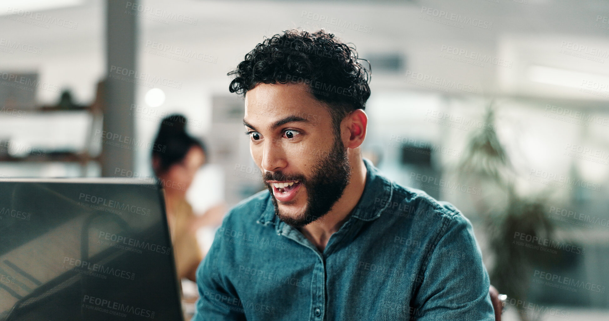 Buy stock photo Laptop, reading and surprise with business man in office for viral post, email marketing and journalist. Newsletter success, online editor and columnist shock with person in creative agency for media