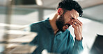 Business, headache and man in office, pain and frustrated with motion blur, stress and deadline. Person, professional and employee in workplace, migraine or anxiety with fatigue, burnout or exhausted