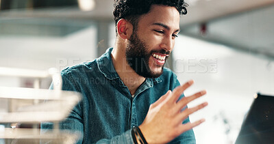 Buy stock photo Creative agency, smile and man in office, laptop for online news report and excited for submission. Copywriting, person and journalist in workplace, happiness and pc for article review and email