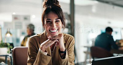 Buy stock photo Smile, portrait and research with business woman in office for planning, publishing agency and journalist. Report editor, about us and columnist with mature person in creative startup for media
