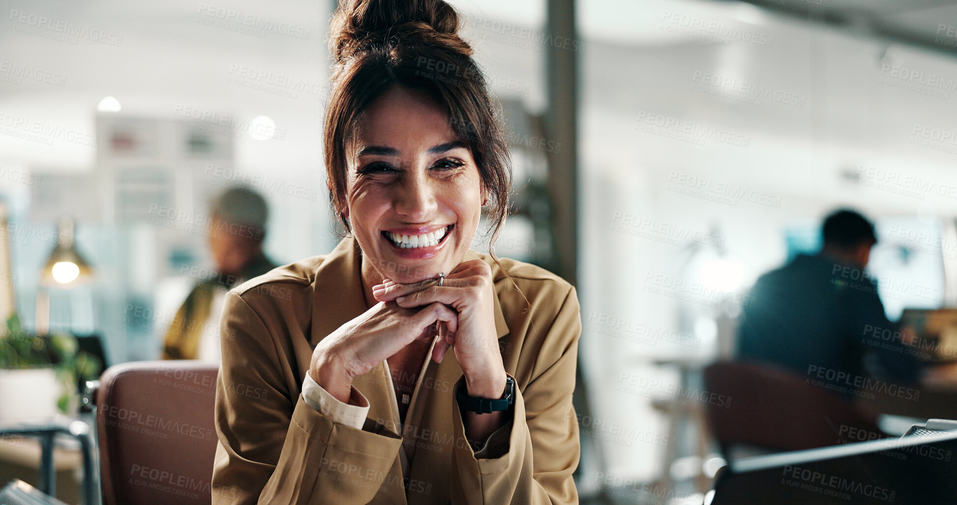 Buy stock photo Smile, portrait and research with business woman in office for planning, publishing agency and journalist. Report editor, about us and columnist with mature person in creative startup for media