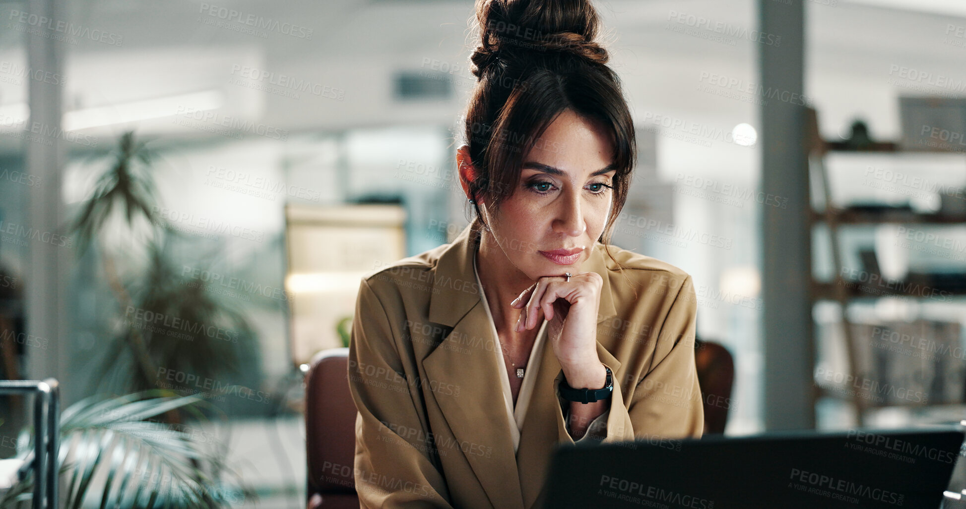 Buy stock photo Laptop, reading and research with business woman in office for planning, email marketing and journalist. Newsletter subscription, online editor and columnist with mature person in creative agency