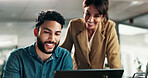 Smile, teamwork and laptop with business people in office for web design, planning and target audience research. Collaboration, advice and project with employees in creative agency for meeting